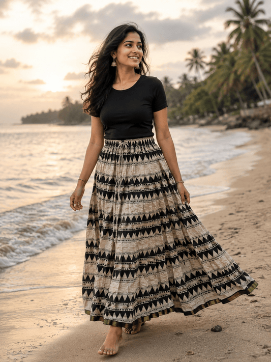 Unique Striped Geo Beige & Black Skirt - Indian Dress House 786