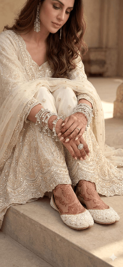 Unique Stylish Floral White Jutti - Indian Dress House 786