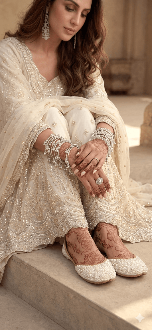 Unique Stylish Floral White Jutti - Indian Dress House 786