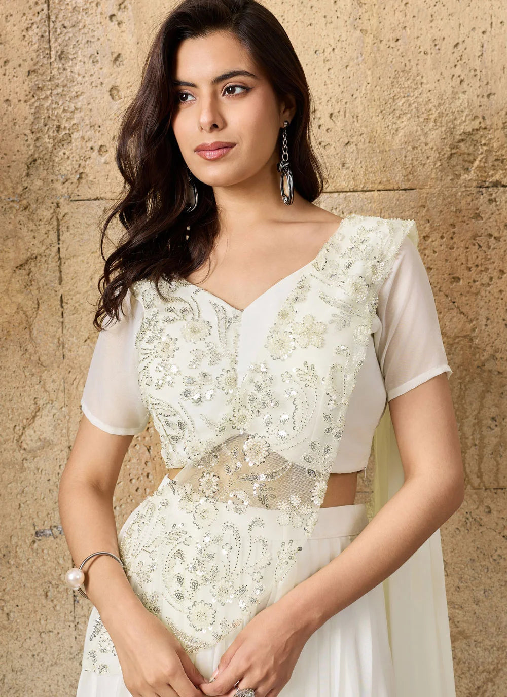 Gorgeous White Saree Style Lengha