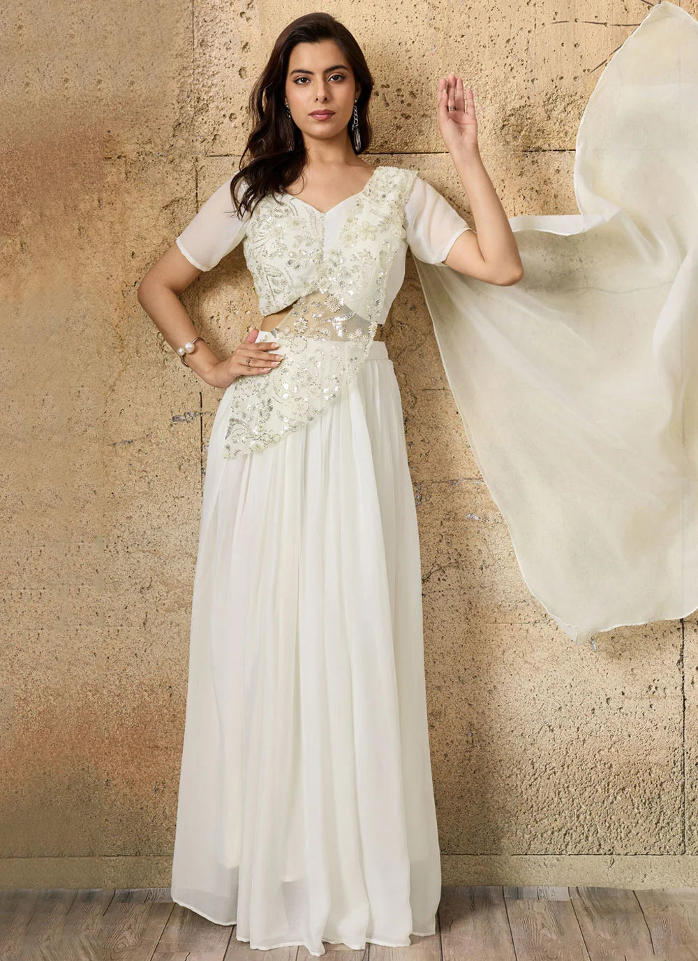 Gorgeous White Saree Style Lengha