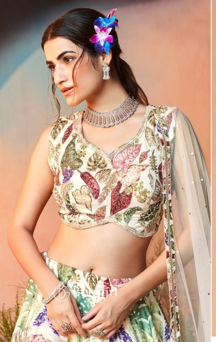White Printed Lehenga Choli with Leaf Motif Magic SHIV - Indian Dress House 786