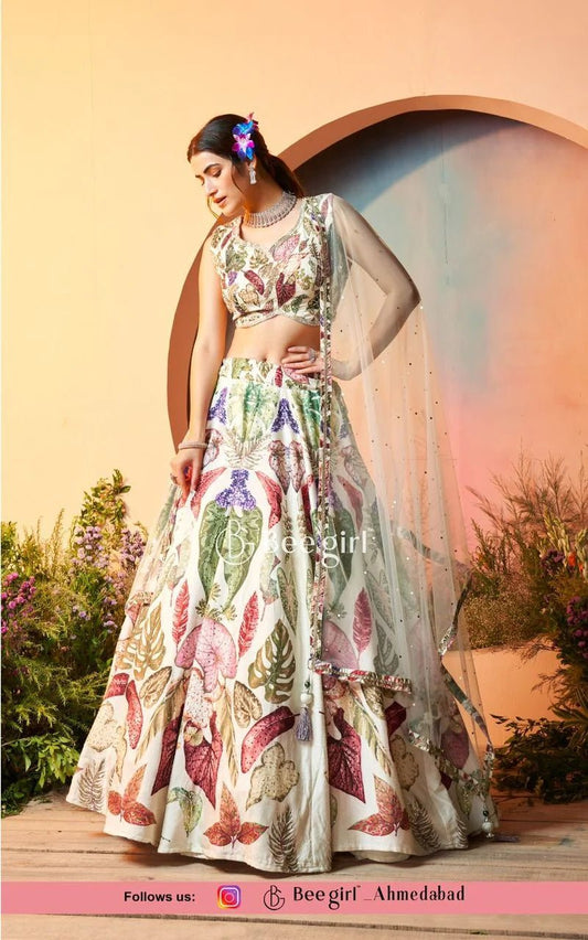 White Printed Lehenga Choli with Leaf Motif Magic SHIV - Indian Dress House 786