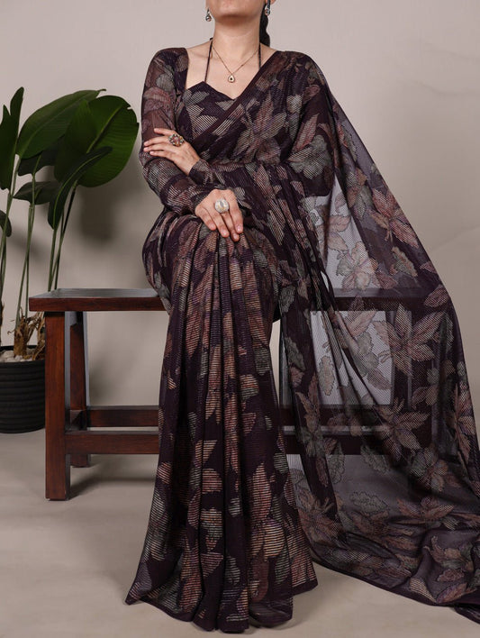 Wine Floral YF Saree - Indian Dress House 786