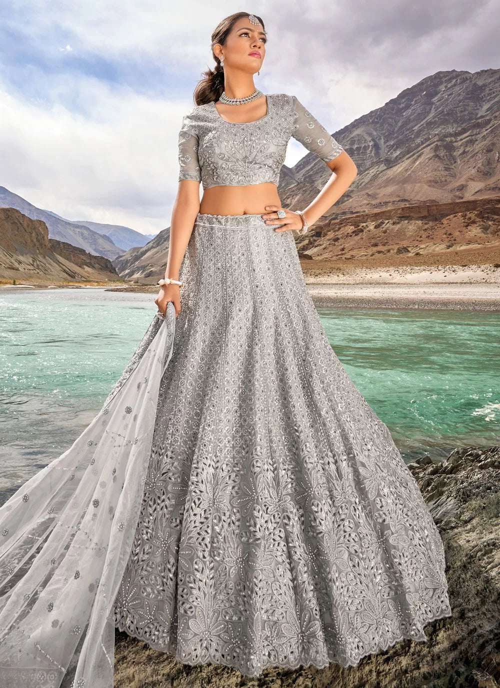 Breath Taking Grey Floral Lengha MNL - Indian Dress House 786