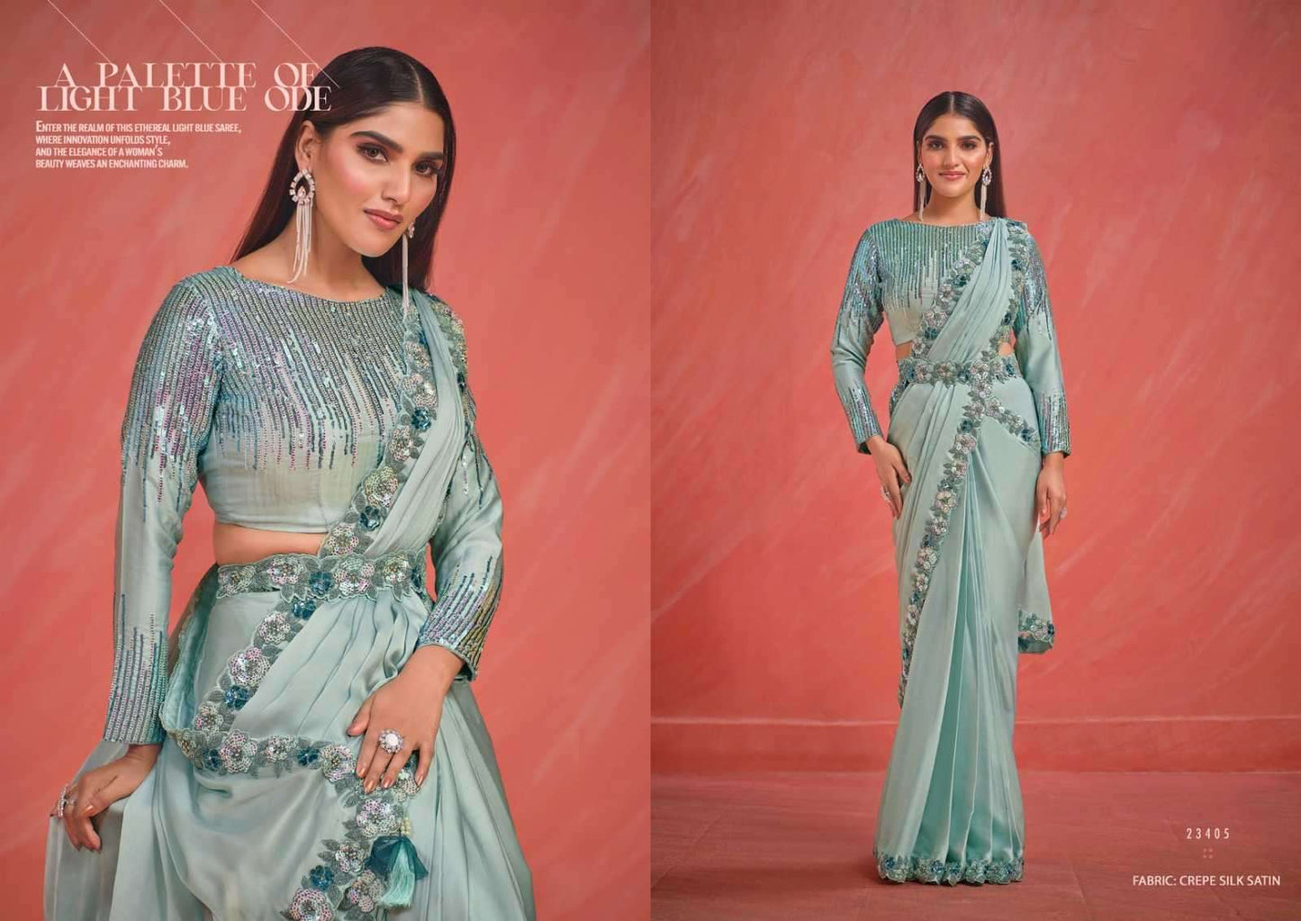 Elegant Pastel Turquoise Blue MME Saree - Indian Dress House 786