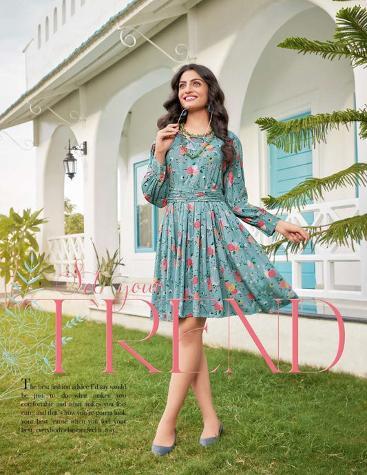 Floral Blue Short Dress PTF 1005 FVD - Indian Dress House 786