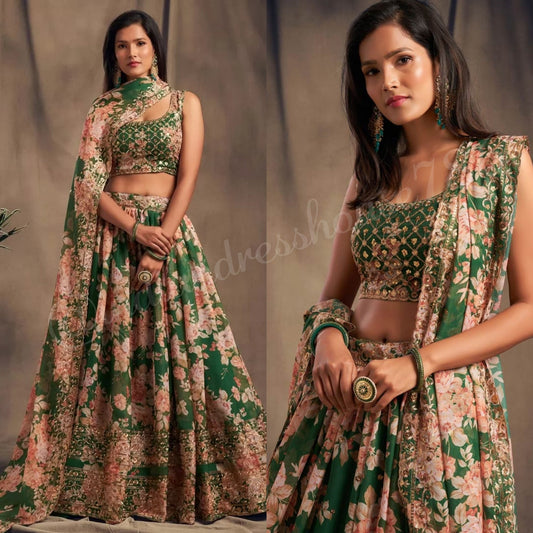 Floral Green Lengha AD - Indian Dress House 786