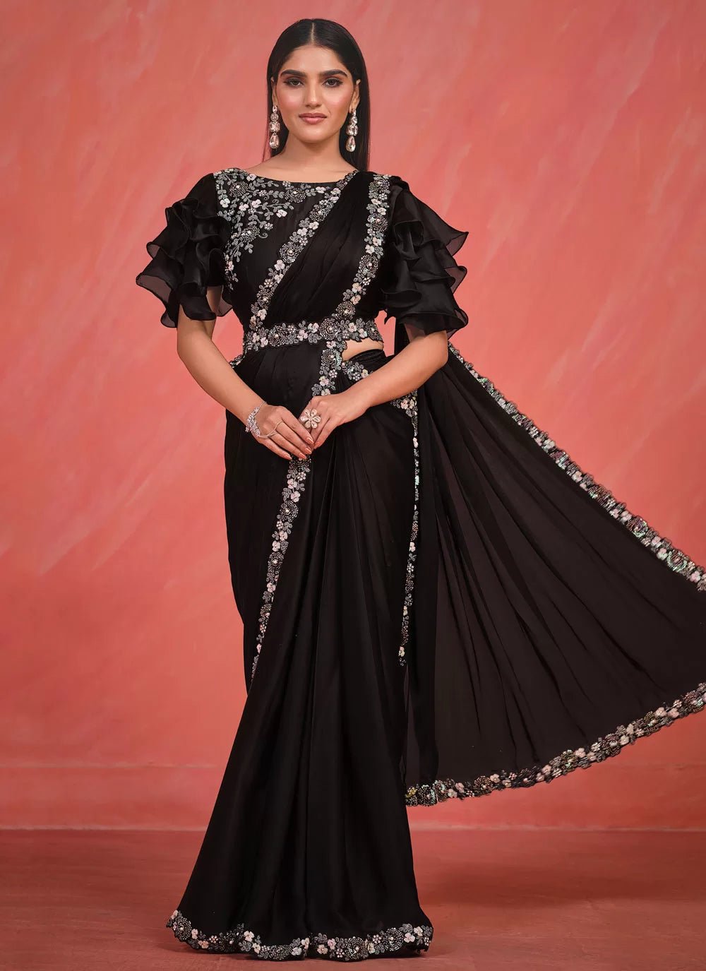 Gorgeous Black Floral Saree - Indian Dress House 786