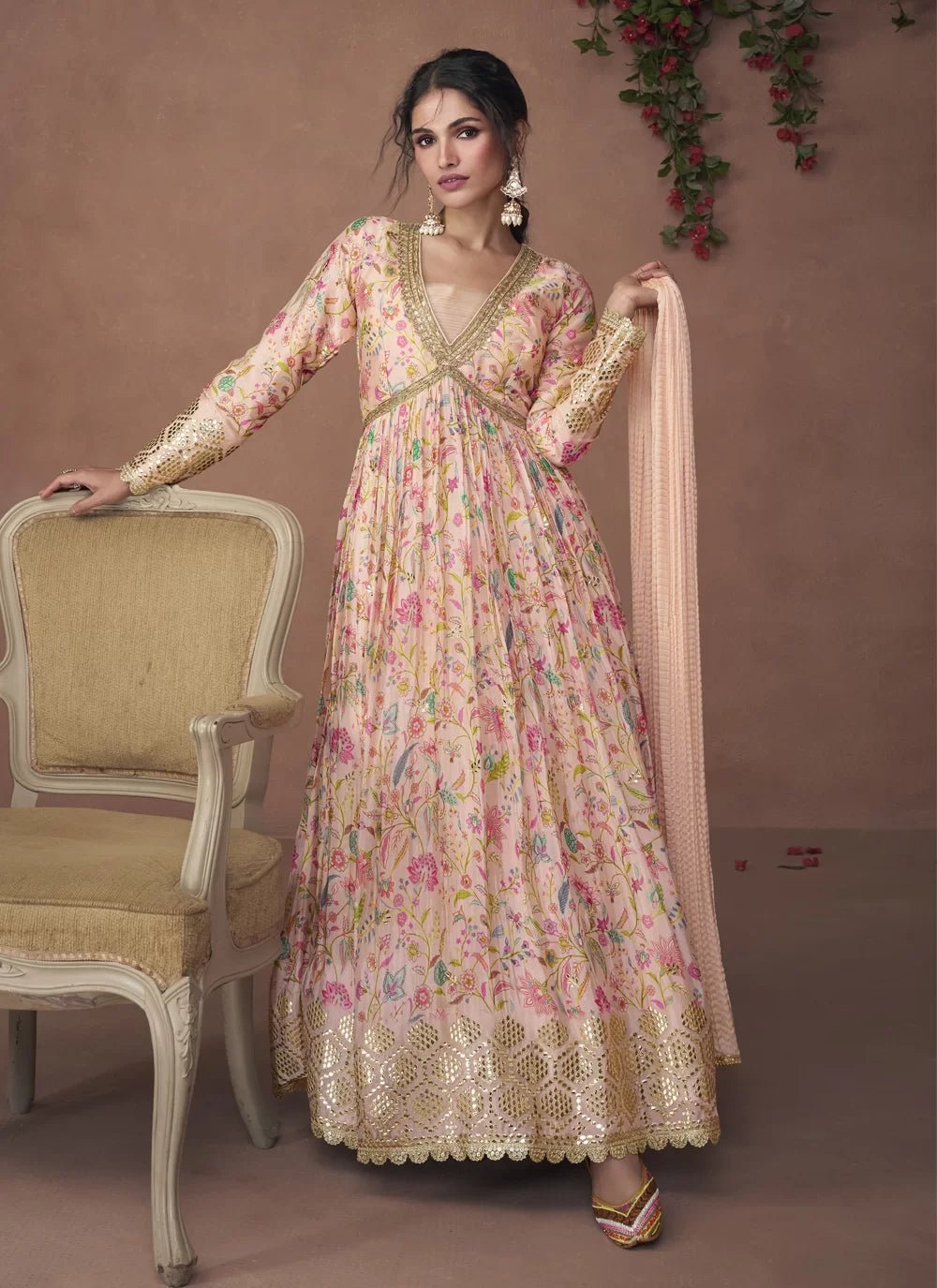 Gorgeous Floral Peach SYNR - Indian Dress House 786