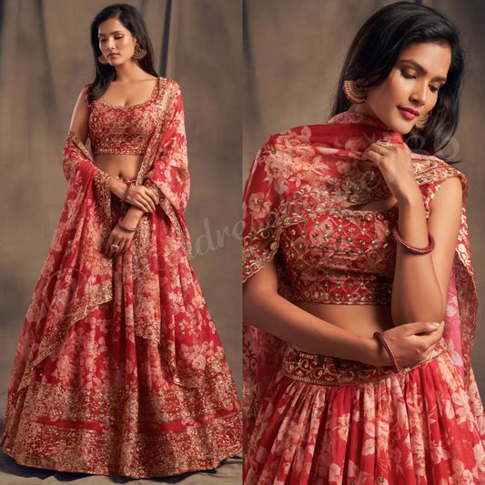 Gorgeous Floral Red Lengha AD - Indian Dress House 786