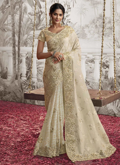 Gorgeous Off White Floral SPN Saree - Indian Dress House 786