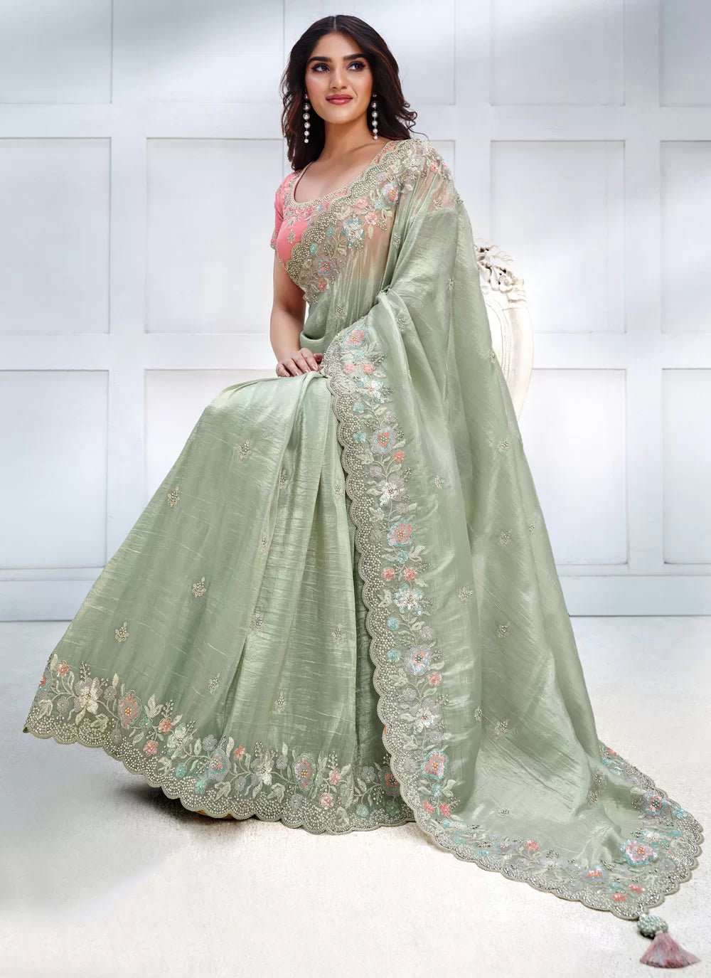 Gorgeous Sage Green Floral Saree - Indian Dress House 786