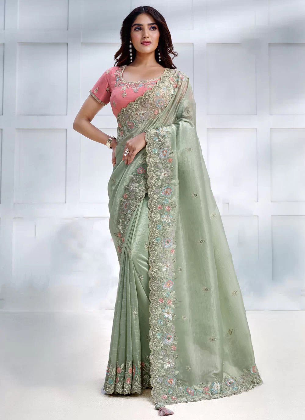 Shop Pastel Green Floral Georgette Saree Online in USA with Zari Border –  Pure Elegance