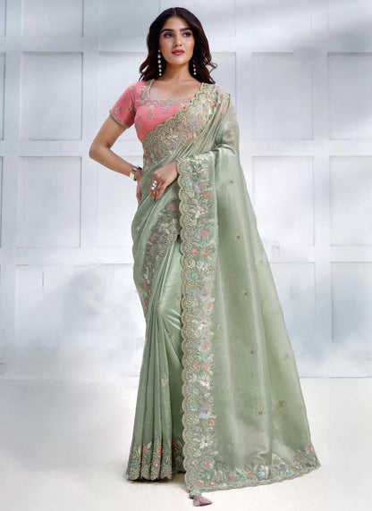 Gorgeous Sage Green Floral Saree - Indian Dress House 786
