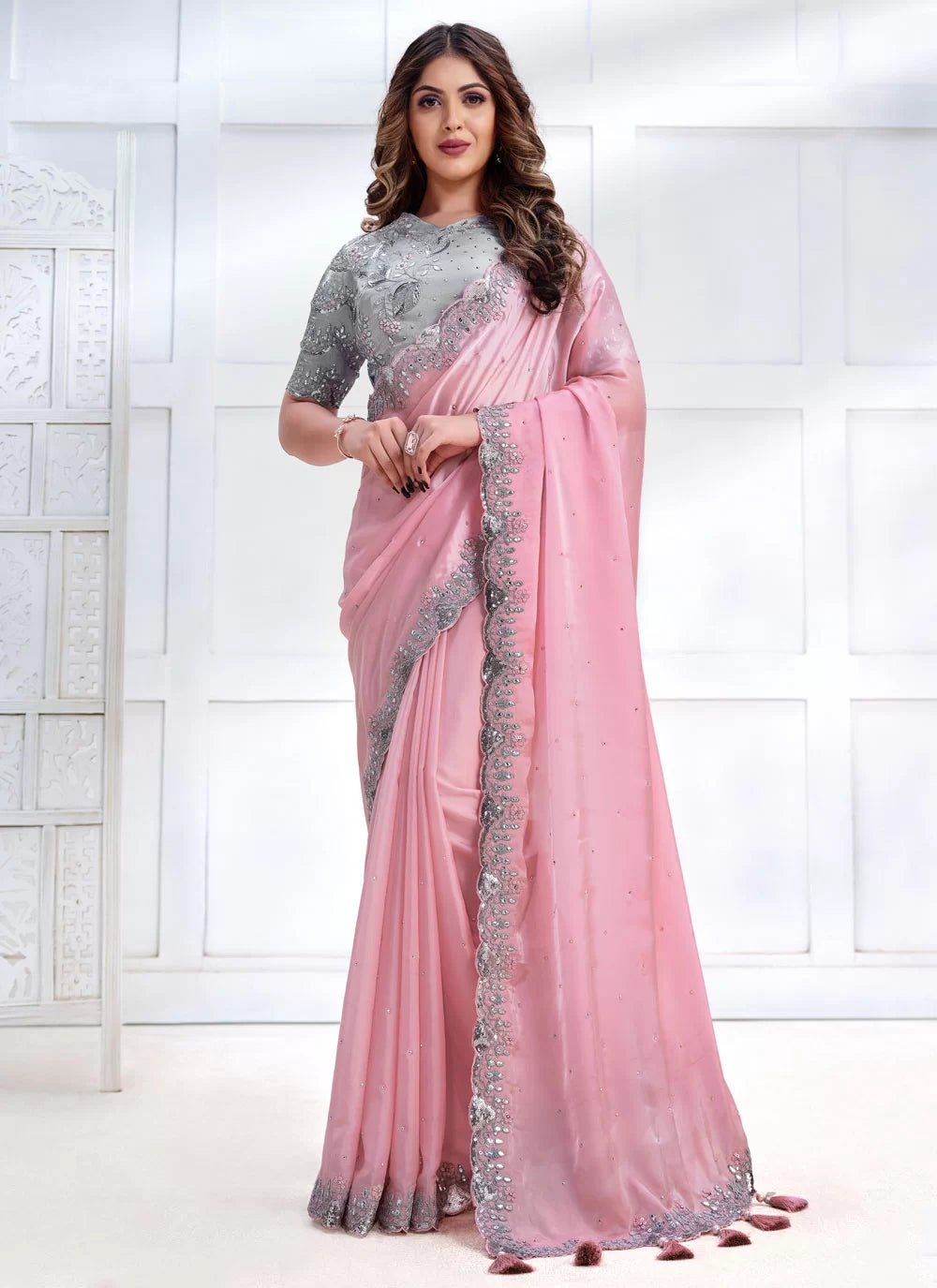 Multi Color Pink & Grey MMJ Saree - Indian Dress House 786