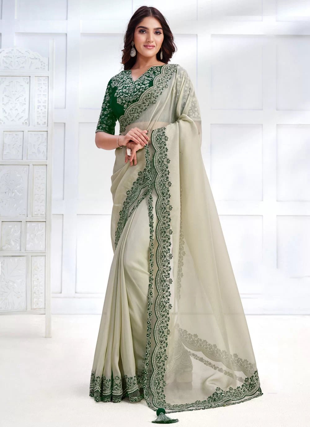 Off White & Green MMJ Saree - Indian Dress House 786