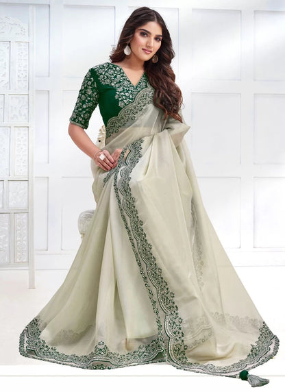 Off White & Green MMJ Saree - Indian Dress House 786