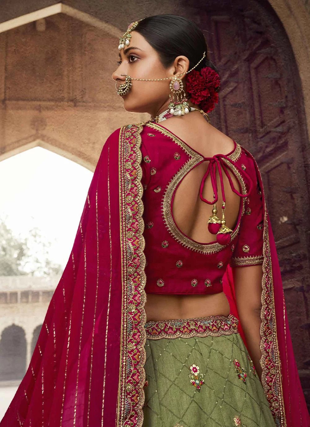 Pastel Mendhi Green & Red RWL - Indian Dress House 786