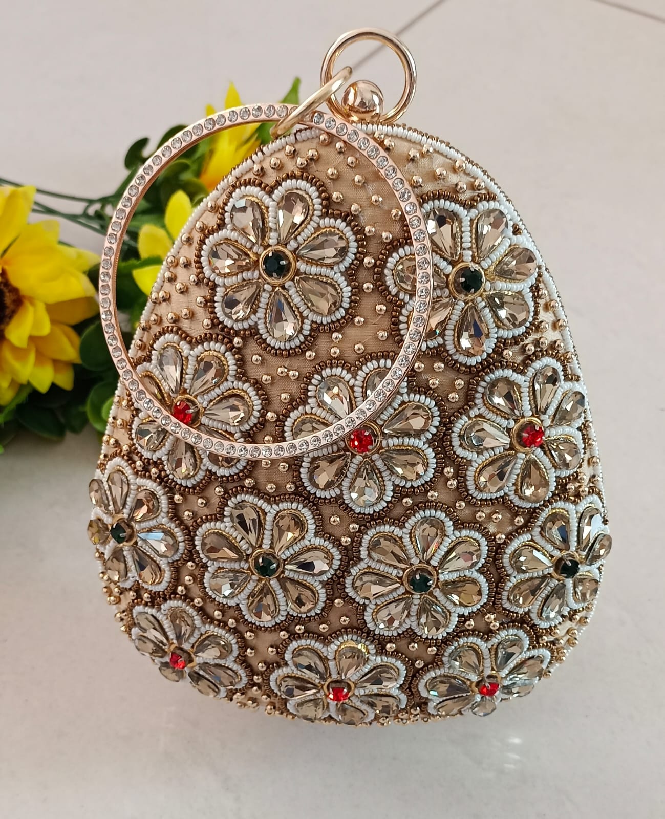 Stunning Gold Floral Oval Clutch Bag CFB - Indian Dress House 786