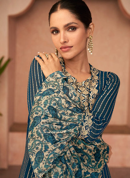 Stylish Floral Blue Plazzo Jacket Style SDT - Indian Dress House 786