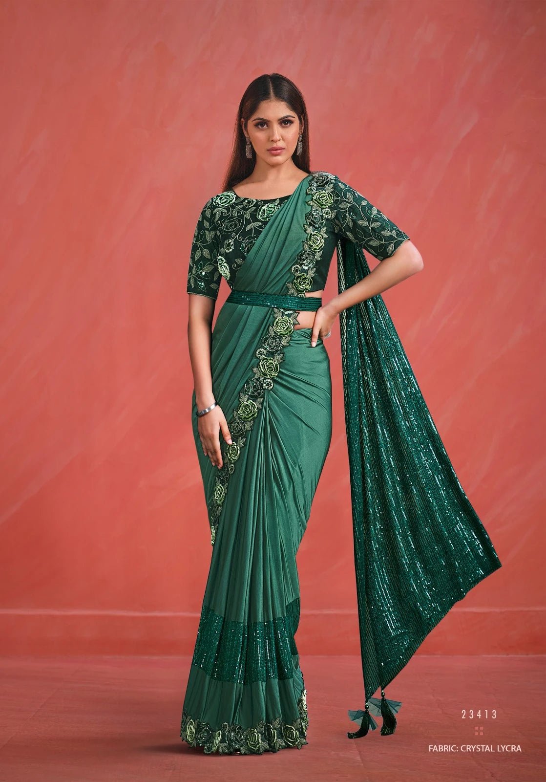 Stylish Floral Green MME Saree - Indian Dress House 786