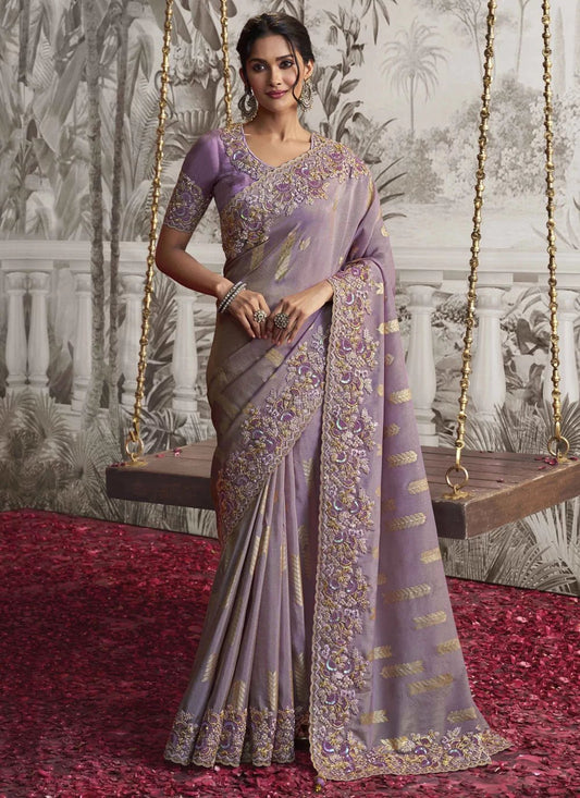 Stylish Lavender Floral SPN Saree - Indian Dress House 786