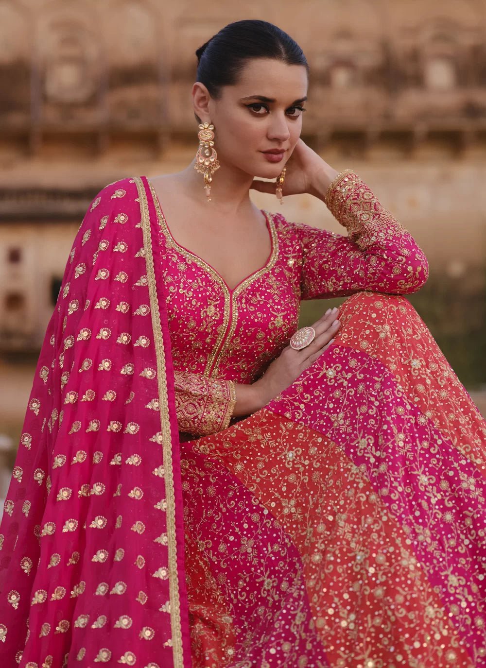 Stylish Multi Color Orange Pink Floral SYAD - Indian Dress House 786
