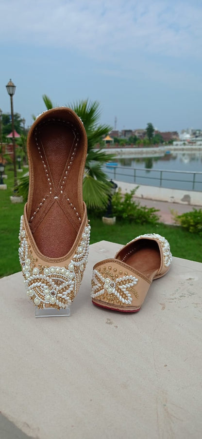 Stylish Pearled White & Gold Jutti - Indian Dress House 786