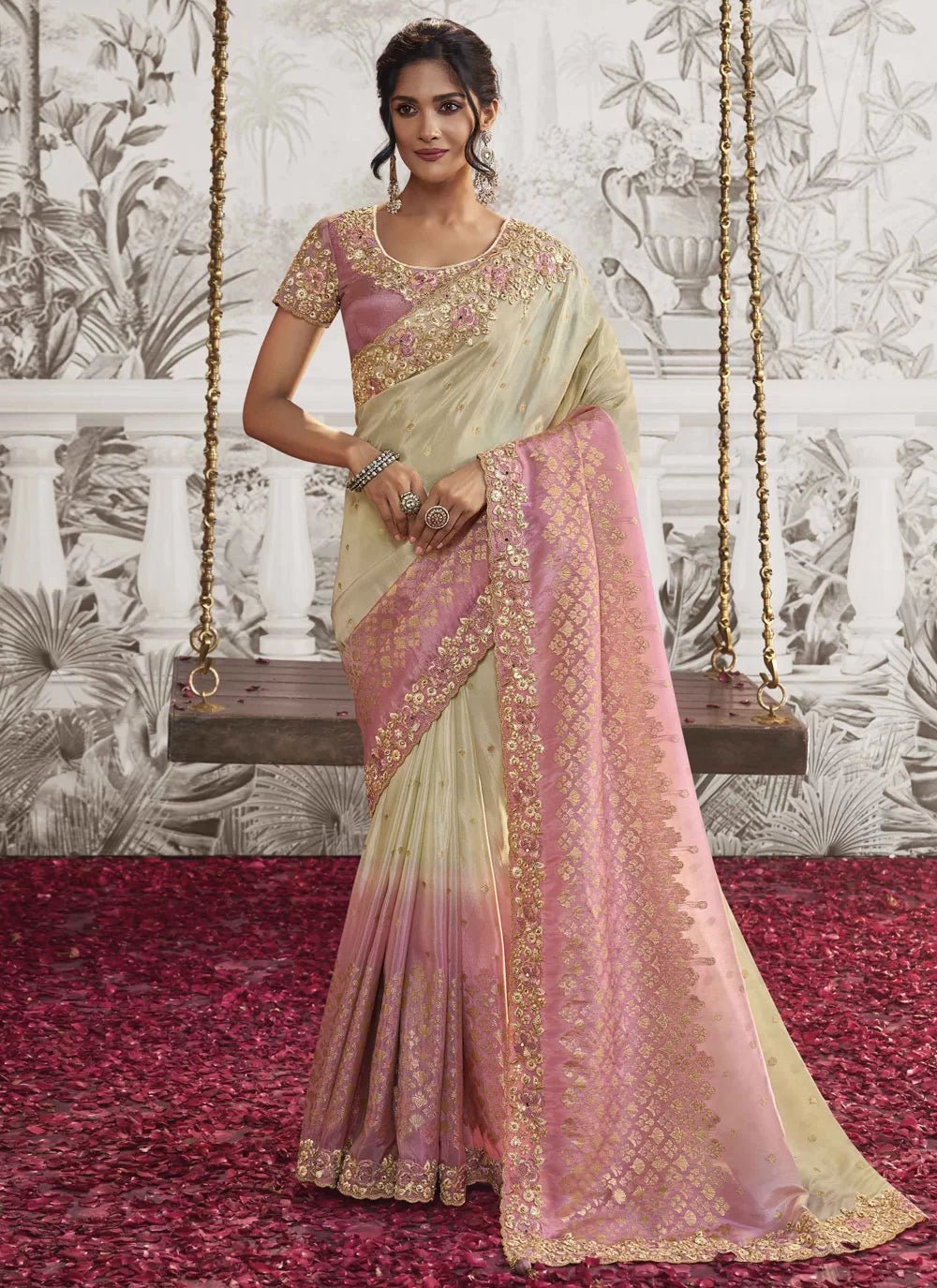 Two Tone Pink & Off White Floral SPN Saree - Indian Dress House 786