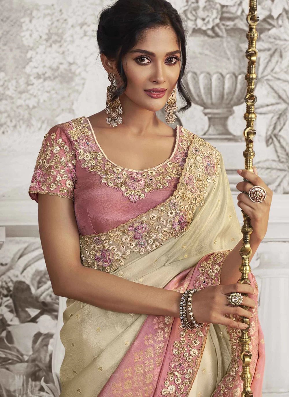 Two Tone Pink & Off White Floral SPN Saree - Indian Dress House 786