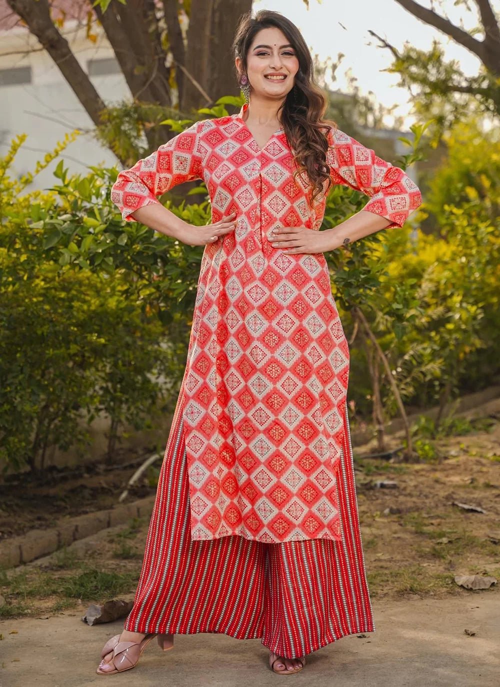 Unique Checkered Kurti & Plazzo Pants Set FVD - Indian Dress House 786