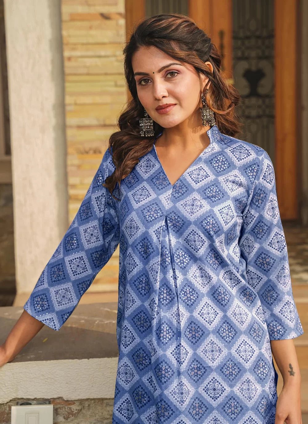 Unique Checkered Kurti & Plazzo Pants Set FVD - Indian Dress House 786