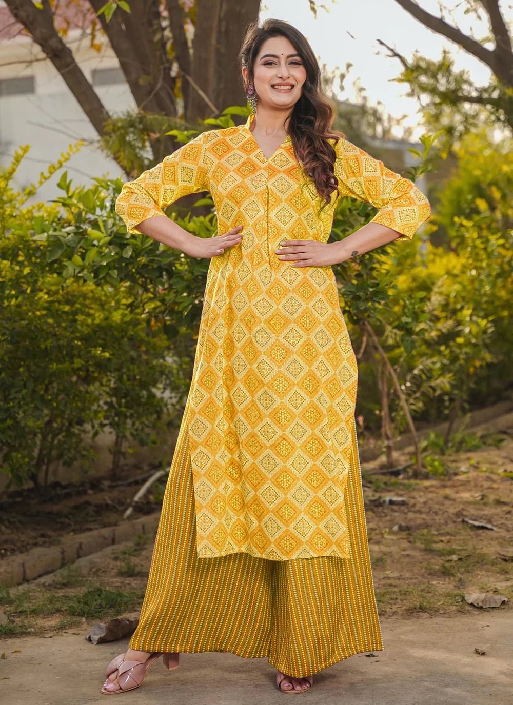 Unique Checkered Kurti & Plazzo Pants Set FVD - Indian Dress House 786