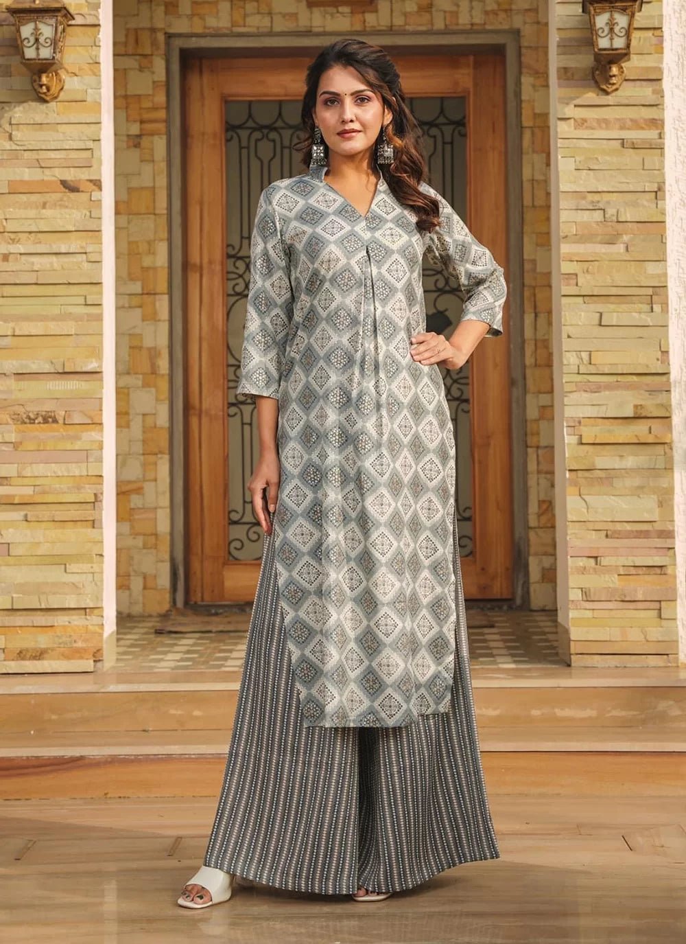 Unique Checkered Kurti & Plazzo Pants Set FVD - Indian Dress House 786