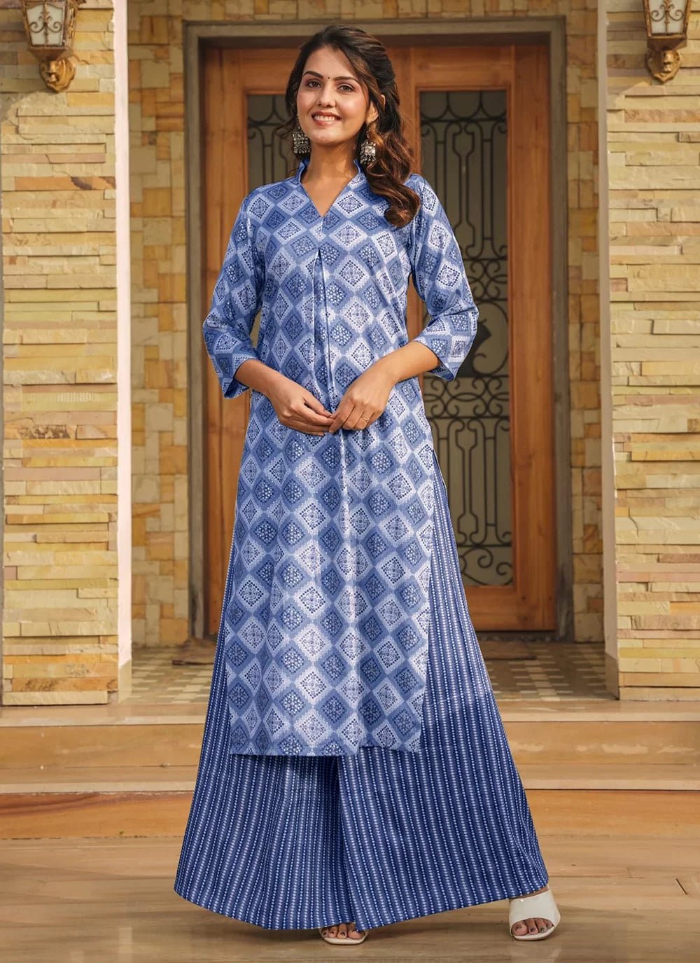 Unique Checkered Kurti & Plazzo Pants Set FVD - Indian Dress House 786